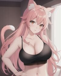 ai_generated amber_eyes aphmau_(youtuber) belly belly_button big_breasts black_bra black_sports_bra black_top black_topwear blush blushing_at_viewer cat_ears cat_tail catgirl cute female female_focus female_only hand_on_hip inside kawaii_chan large_breasts lim3n_ai looking_at_viewer orange_eyes perfect_body pink_hair smile smiling smiling_at_viewer stable_diffusion window