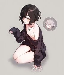 1boy 1girls anteliarie baggy_clothing black_hair blush breasts brown_eyes exposed_breasts female female_focus looking_at_viewer loose_clothes necklace nihellie nini_(nihellie) open_mouth oversized_clothes short_hair small_breasts solo_focus thick_thighs wholesome yume_(nihellie)