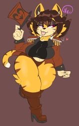 anthro big_breasts big_thighs black_shirt boots cat_ears cat_girl cat_humanoid catgirl chubby_female claws claws_out fangs furry furry_tail hat_removed high_heel_boots high_heeled_boots in_heat_(game) monster_girl neisucksatart plump sammy_(in_heat) smug_face tail thick_legs thick_thighs tiger_girl tiger_print tongue_out top_hat