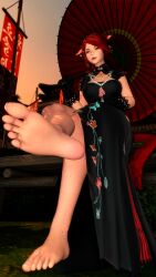 3d barefoot blue_eyes body_freckles dress feet feet_focus final_fantasy final_fantasy_xiv foot_fetish foot_focus freckled_skin freckles gpose(ffxiv) miqo'te presenting_foot red_hair rosanne_leia_faerwing rosefaerwing smiling_at_viewer sunset