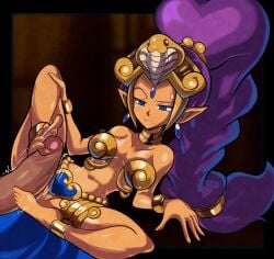 1boy 1girls dancer_shantae dark-skinned_female female footjob gold_bikini gold_jewelry harem_outfit metal_bikini n0ncanon navel pussy shantae shantae_(character) smooth_skin tagme unamused