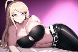 1girls ahoge ai_generated akamatsu_kaede bare_shoulders bed belt big_breasts black_pants black_strapless blonde_hair cleavage clothing_cutout collarbone cowboy_shot danganronpa danganronpa_v3 large_breasts latex long_hair looking_at_viewer lying lying_on_bed midriff nai_diffusion smile smirk solo stable_diffusion strapless underboob