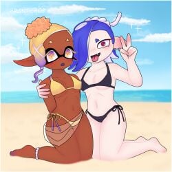 2girls anklet beach bikini chocolate_and_vanilla clothed dark-skinned_female dark_skin feet female female_only franticfoe_(artist) frye_(splatoon) hair_over_one_eye inkling inkling_girl light-skinned_female light_skin octoling on_knees safe_for_work shiver_(splatoon) short_hair splatoon splatoon_(series) splatoon_3