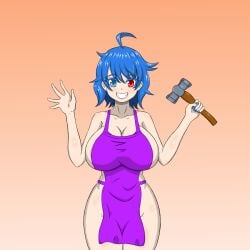 1girls apron arrashi blue_eyes blue_hair breasts female hammer kogasa_tatara light-skinned_female light_skin naked naked_apron naked_female nude red_eyes short_hair solo_female standing touhou