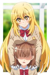 +_+ 2020 2020s 2girls :) blonde_hair breast_envy breasts breasts_on_head brown_hair clothed clothed_female female gloves grabbing grabbing_from_behind hair_flower hair_ornament hands_on_another's_shoulders hands_on_shoulders hi_res large_breasts light-skinned_female light_skin long_hair matching_hair/eyes misaka_mikoto nonoa_(artist) open_mouth school_uniform schoolgirl shokuhou_misaki short_hair smile teenage_girl teenager to_aru_kagaku_no_railgun to_aru_majutsu_no_index tokiwadai_school_uniform unusual_pupils upper_body white_gloves yellow_eyes young