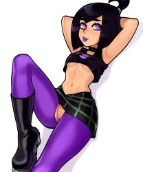 1girls arms_behind_head black_hair choker crop_top danny_phantom eyeshadow female female_only goth half-closed_eyes lipstick loodncrood looking_at_viewer midriff miniskirt navel nickelodeon nipples_visible_through_clothing no_panties pantyhose pinup_pose plaid_skirt pleated_skirt pose posing purple_eyes purple_lipstick pussy sam_manson seductive_look sensual sexy_armpits skirt skirt_lift slim_waist smile solo tight_clothing tight_shirt upskirt wide_hips