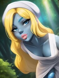 ai_generated bimbo_futanari bimbo_lips dickgirl futanari leaning_forward looking_at_viewer mostly_clothed penis_under_dress smurf_cap smurfette stable_diffusion the_smurfs white_dress