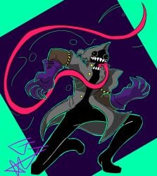 1boy dark-skinned_male dark_skin faceless_male gr8p_ju1ce grapejuicerulez hood long_tongue purple_gloves sharp_teeth signature simple_background tagme teeth_visible trenchcoat