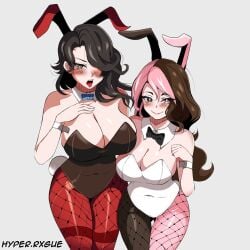 1:1 2girls big_breasts black_hair blush breasts brown_eyes brown_hair brown_leotard bunny_costume bunny_ears bunny_girl bunnysuit cinder_fall cleavage fake_animal_ears female female_only fishnets heterochromia huge_breasts hyperrxgue large_breasts leotard long_hair multicolored_hair multiple_girls neo_(rwby) pink_eyes pink_hair rwby two_tone_hair white_leotard yellow_eyes