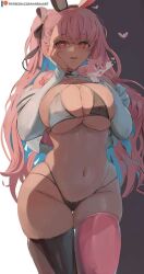 arm_sleeves big_breasts black_and_white_bra black_thighhighs black_thong bowtie_on_head bra breasts feline female female_focus girl girls hair hand_on_breast hand_on_head heart-shaped_pupils long_hair miraihikari multicolored_bra only original original_character pink_eyes pink_hair pink_thighhighs squeezing_breast squeezing_breasts thick_thighs thighhighs tight_bra tongue_out white_arm_warmers wide_hips