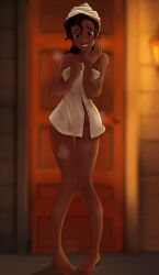 2d answering_door breasts color dark_skin disney disney_princess embarrassed female human on_model outdoors saurusrequiem the_princess_and_the_frog tiana towel