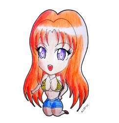 chibi cute jaguar_print jeans kawaii maria_(milkyway8969) milkyway8969 orange_hair purple_eyes smiling traditional_art traditional_media white_background