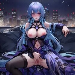 1girls ai_generated blue_hair censored_pussy city_background dress exposed_breasts exposed_pussy female female_focus female_only hairless_pussy hamel_(path_to_nowhere) long_hair path_to_nowhere purple_eyes purple_rose pussy_juice pussy_juice_drip shaved_pussy showing_pussy sitting sitting_on_couch solo solo_female solo_focus spread_legs spread_pussy stockings