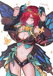 1girls alternate_costume animal_ears ass_visible_through_thighs bare_midriff bare_shoulders bare_thighs breasts bug bunny_ears bunny_girl bunnysuit butterfly cleavage commission cowboy_shot detached_sleeves facial_mark fairy_wings female female female_only fire_emblem fire_emblem_heroes flower hair_flower hair_ornament hair_over_one_eye highres looking_at_viewer midriff navel nintendo official_alternate_costume petals plant purple_eyes r123 rabbit_ears rabbit_pose red_hair skeb_commission solo thank_you thighs thorns triandra_(fire_emblem) triandra_(spring)_(fire_emblem) vines white_background wings