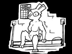 anthro bed breasts calendar_(object) casual_nudity female fur furniture genitals invalid_background lagomorph leporid mammal margo_(reed_the_deer) monochrome nude on_bed paws pussy rabbit reed_the_deer sitting sitting_on_bed slightly_chubby solo watermark