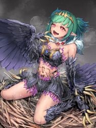 absurdres biosuit bird_legs black_feathers black_wings blush breasts claws covered_nipples enokiyama feathers female green_hair harpy heart heart-shaped_pupils highres indie_virtual_youtuber lincoro monster_girl navel nest oerba_yun_fang open_mouth pointy_ears red_eyes short_hair short_twintails small_breasts solo stomach_tattoo symbol-shaped_pupils talons tattoo tentacle tentacle_clothes tiara twintails virtual_youtuber wings