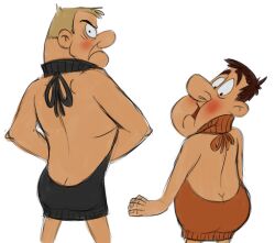 2boys ass_cleavage asterix_and_obelix bare_back big_nose black_clothing blonde_hair blush brown_hair buff butt_crack cetinlapsus chubby chubby_male clothing crossdressing embarrassed human hunk infirmofpurpus male male_only meme modern orange_clothing roman size_difference stinkek toony totalapsus virgin_killer_sweater white_background