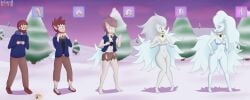 absurd_res alolan_form alolan_ninetales anthro breasts brown_hair clothed clothing cold collar colored decourem facial_hair female fur gender_transformation genitals glasses glasses_removed green_eyes growth hair hi_res human human_to_anthro human_to_pokemon long_hair male mammal mtf_transformation multi_tail ninetales nintendo nude penis penis_shrinking pokemon pokemon_(species) pussy regional_form_(pokemon) satisfied_look small_breasts snow solo solo_focus species_transformation starry_sky surprised_expression tail tail_growth torn_clothing transformation trees white_body white_fur white_hair