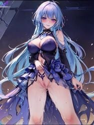 1boy ai_generated blue_hair bulging_breasts dress dress_lift erect_nipples erect_nipples_under_clothes exposed exposed_pussy hamel_(path_to_nowhere) long_hair nipple_slip path_to_nowhere purple_eyes pussy_juice_drip pussy_juice_trail solo solo_female solo_focus wet wet_pussy