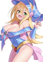 blonde_hair blush cleavage dark_magician_girl green_eyes huge_breasts looking_at_viewer one_emblem open_mouth skirt smile thick_thighs white_background witch_hat yu-gi-oh! yu-gi-oh!_duel_monsters