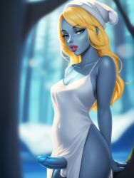 ai_generated balls_in_panties bimbo_futanari bimbo_lips dickgirl futanari looking_at_viewer mostly_clothed penis_under_dress smurf_cap smurfette stable_diffusion the_smurfs white_dress white_panties