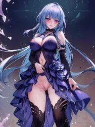 ai_generated blue_hair blush dress dress_lift exposed_breasts exposed_pussy female female_focus hairless_pussy hamel_(path_to_nowhere) long_hair nipple_slip path_to_nowhere purple_eyes purple_rose pussy pussy_juice_drip pussy_juice_trail shaved_pussy smiling smiling_at_viewer solo solo_female solo_focus stockings