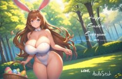 ai_generated audiostick basket blush blush bowtie breasts brown_hair brown_hair bunny_ears bursting_breasts cameltoe cleavage color colorful detailed detailed_background easter easter_bunny easter_egg forest holidays large_breasts long_hair looking_at_viewer one-piece_swimsuit saturated stable_diffusion vibrant watermark wide_hips words