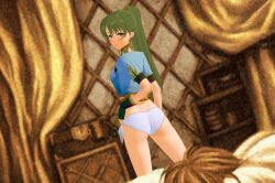 1girls 3d artist_request ass big_ass female female_focus fingerless_gloves fire_emblem fire_emblem:_the_blazing_blade gloves green_eyes green_hair indoors koikatsu long_hair looking_back lyn_(fire_emblem) mark_(fire_emblem) nintendo panties ponytail solo_focus source_request tent underwear very_long_hair white_panties