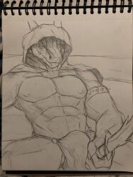 absurd_res anthro argonian bedroom_eyes bethesda_softworks big_bulge bulge clothed clothing hi_res holding_object holding_weapon hood horn khloros looking_at_viewer male muscular muscular_anthro muscular_male narrowed_eyes nipples partially_clothed pecs reptile scalie seductive smile smiling_at_viewer solo the_elder_scrolls weapon