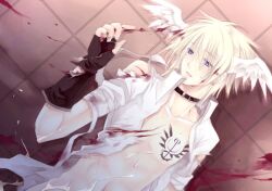 1boy bishounen black_gloves blacksmith_(ragnarok_online) blonde_hair blood blue_eyes chest_tattoo commentary_request cum cum_on_boy feathered_wings fingerless_gloves gloves hair_between_eyes head_wings long_bangs looking_to_the_side male_focus open_clothes open_mouth open_shirt ragnarok_online shirt short_hair short_sleeves solo takamura_ryou tattoo torn_clothes torn_shirt upper_body white_shirt white_wings wings