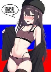 ai_generated blush bra choker dark_hair dialogue disapproval female long_hair narrow_waist open_mouth panties rise_of_nations roblox russian russian_flag russian_girl small_breasts solo sports_bra stockings taking_clothes_off text text_bubble tsundere underwear ushanka