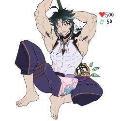 armpit_hair boner bulge_through_clothing feet genshin_impact genzonillablack male male_only muscular_male strip_game turquoise_hair xiao_(genshin_impact)