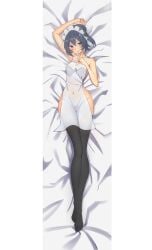 apron apron_only artist_request belly_button blush bodypillow breasts cleavage dakimakura dungeon_ni_deai_wo_motomeru_no_wa_machigatteiru_darou_ka feet finger_to_mouth gray_eyes gray_hair hips laying_down laying_on_back leggings maid_headdress ponytail shushing silver_eyes silver_hair syr_flover thighhighs waist