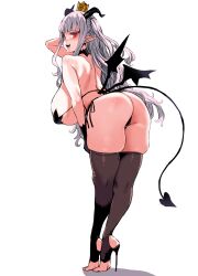 1girls asanagi ass bent_over big_ass big_breasts big_butt bikini crown demon demon_girl demon_horns demon_tail happy happy_female high_heels horns huge_breasts long_hair looking_at_viewer looking_back original original_character pointy_ears queen red_eyes sideboob thick_thighs thighhighs white_hair