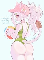 anthro ass beach_ball bubble_butt cat_ears cat_tail catgirl cattail_(chikomokii) cattail_(pvz) cheeky chikomokii cute female furry hat one-piece_swimsuit plantie plants_vs_zombies ponytail spiked_collar swimsuit swimwear tagme tail