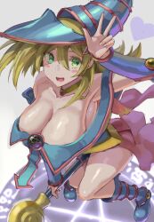 arm_up armpit armpits blonde_hair breasts cleavage dark_magician_girl from_above green_eyes holding_staff huge_breasts kazo looking_at_viewer object_between_thighs open_mouth peace_sign smile staff witch_hat yu-gi-oh! yu-gi-oh!_duel_monsters