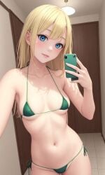 ai_generated blonde_hair blue_eyes emily_(emilys_extreme_beach_vacation) green_bikini green_swimsuit micro_bikini selfie