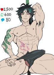 abs armpit_hair big_penis boner bulge_through_clothing genshin_impact genzonillablack male male_only muscular muscular_male smirking smirking_at_viewer strip_game tattoo tattooed_arm teasing underwear xiao_(genshin_impact)