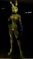 2018 3d_(artwork) 4_toes animatronic anthro black_background breasts digital_media_(artwork) disembowell_(artist) english_text feet female female_focus female_only five_nights_at_freddy's five_nights_at_freddy's_3 genitals green_body green_skin hand_on_hip hi_res lagomorph leporid looking_at_viewer machine mammal nipples nude pussy rabbit robot rule_63 scottgames simple_background solo springtrap springtrap_(disembowell) springtrap_(fnaf) teeth text toes url