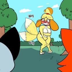 animal_crossing anthro birbpan blush breasts canine chubby covering covering_breasts covering_crotch covering_self embarrassed embarrassed_nude_female enf female isabelle_(animal_crossing) naked nintendo nude text