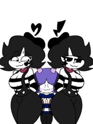 1boy 2girls 2girls1boy :3 ass big_ass big_breasts big_butt bigger_female bonbon_(derpixon) breasts chuchu_(derpixon) crossover fanart female happy_tree_friends hottiegirl34_(artist) male mime mime_(htf) mime_and_dash mime_girl smaller_male twin_sisters twins white_background