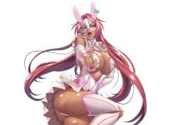 1girls 2d 2d_(artwork) ass breasts brown_eyes brown_skin bunny_ears bunny_girl cleavage dark-skinned_female dark_skin domino_mask female female_focus female_only heels huge_ass huge_breasts ingrid_(taimanin_asagi) ky. long_hair long_legs looking_at_viewer mask masked masked_female mouth_open pink_hair purple_lipstick red_hair short_skirt simple_background skimpy skimpy_clothes skirt solo solo_female taimanin_(series) taimanin_asagi taimanin_asagi_battle_arena thick_thighs thighhighs thighs