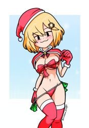 1girls 2022 areola areola_slip areolae big_breasts blonde_hair blush breasts cleavage female female_only gloves hololive hololive_english hololive_myth itsyaboi_kroggu jingle_bell navel panties pussy_visible_through_clothes ribbon ribboned_body ring santa_costume santa_hat short_hair solo solo_female stockings suggestive suggestive_look thighhighs virtual_youtuber vtuber watson_amelia