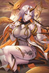 1girls breasts cleavage colored_inner_hair commentary covered_navel english_commentary female female_only fire_emblem fire_emblem_heroes foot_out_of_frame gold_eyes gold_hair gold_trim grey_hair gullveig_(fire_emblem) horn horns hybridmink large_breasts long_hair looking_at_viewer multicolored_hair nintendo orange_eyes orange_hair paid_reward_available pale_skin parted_lips patreon_username signature silver_hair single_horn smile snake solo thick_thighs thighs two-tone_dress two-tone_hair very_long_hair