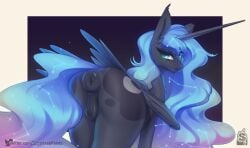 1_horn anus ass big_ass black_skin blue_eyes blue_hair female friendship_is_magic horn long_hair long_horn looking_at_viewer looking_back my_little_pony my_little_pony_friendship_is_magic ponut pony princess_luna_(mlp) puffy_anus pussy sugarlesspaints