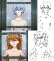 2girls accurate_art_style angry angry_face asuka_langley_sohryu blue_eyes blue_hair breasts emotionless female_focus female_only image_comparison light-skinned_female long_hair naked naked_female neon_genesis_evangelion nipples no_color nude nude_female official_art orange_hair pale-skinned_female red_eyes rei_ayanami rough_sketch screencap screenshot short_hair sketch storyboard twintails uncensored