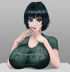 big_breasts fubuki_(one-punch_man) green_eyes green_hair huge_breasts looking_at_viewer nail_polish nails nipples_visible_through_clothing one-punch_man rental_mommy_shirt short_hair sunday322 t-shirt tagme