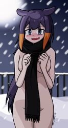 1girls 2022 areola areola_slip areolae blue_eyes blush breasts cold embarrassed embarrassed_nude_female female female_only hololive hololive_english hololive_myth itsyaboi_kroggu long_hair ninomae_ina'nis nude nude_female orange_hair purple_hair scarf scarf_only snow solo solo_female virtual_youtuber vtuber winter