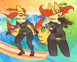 anthro areola beverage_can bracelet braixen breasts eyewear female freckles genitals jewelry kaboozey nintendo nipple_piercing nipples nude piercing pokemon pokemon_(species) pubes pussy sea solo sunglasses surfing water