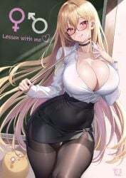 1girls alternate_costume artist_name azur_lane bangs bird black_skirt blackboard blonde_hair blush choker classroom cleavage cowboy_shot eyebrows_visible_through_hair glasses heart holding_object huge_breasts implacable_(azur_lane) implacable_(shepherd_of_the_"lost")_(azur_lane) light-skinned_female light_skin long_sleeves looking_at_viewer manjuu_(azur_lane) nail_polish no_bra official_alternate_costume pantyhose pencil_skirt red_eyes royal_navy_(azur_lane) sex_education skirt smile solo staff studiopokotan sunlight teacher thighs tongue_out unbuttoned very_long_hair watermark white_shirt